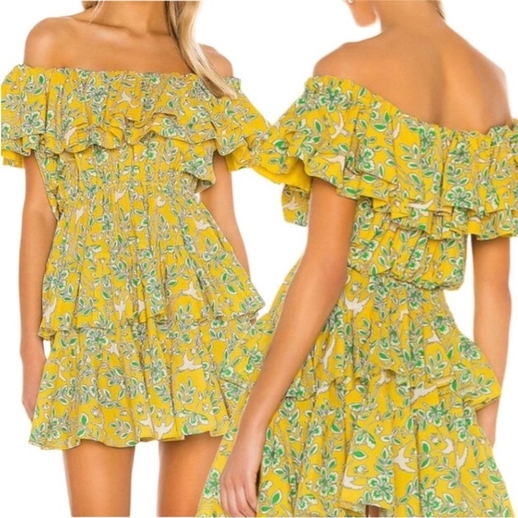 RHODE Yellow Ruffle Tiered Mini Dress Size XS Bird Coquette Festival Romantic - Picture 1 of 13
